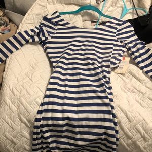 Navy and white striped dress with back cutouts